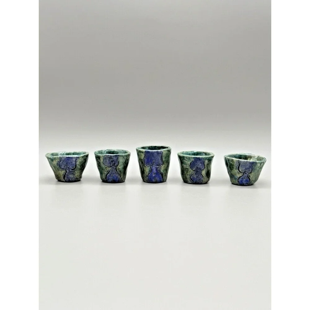 *5* Raku Studio Pottery Signed AW Female Nude Torso Shot Glasses Sake Cups OOAK
